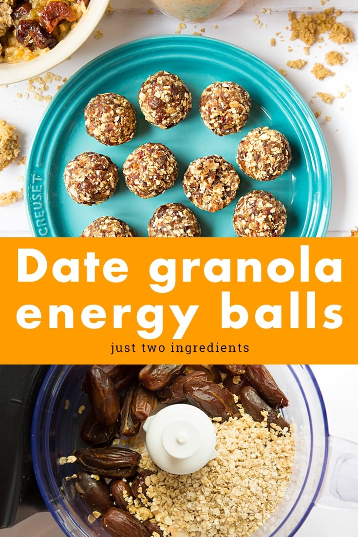 It takes minutes to make these two ingredient date granola energy balls, and then they'll last up to a week in the fridge. Find the recipe at amummytoo.co.uk #recipe #granola