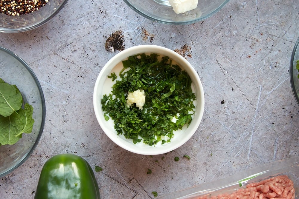 Making the tzatziki for the aromatic lamb and warm grain salad