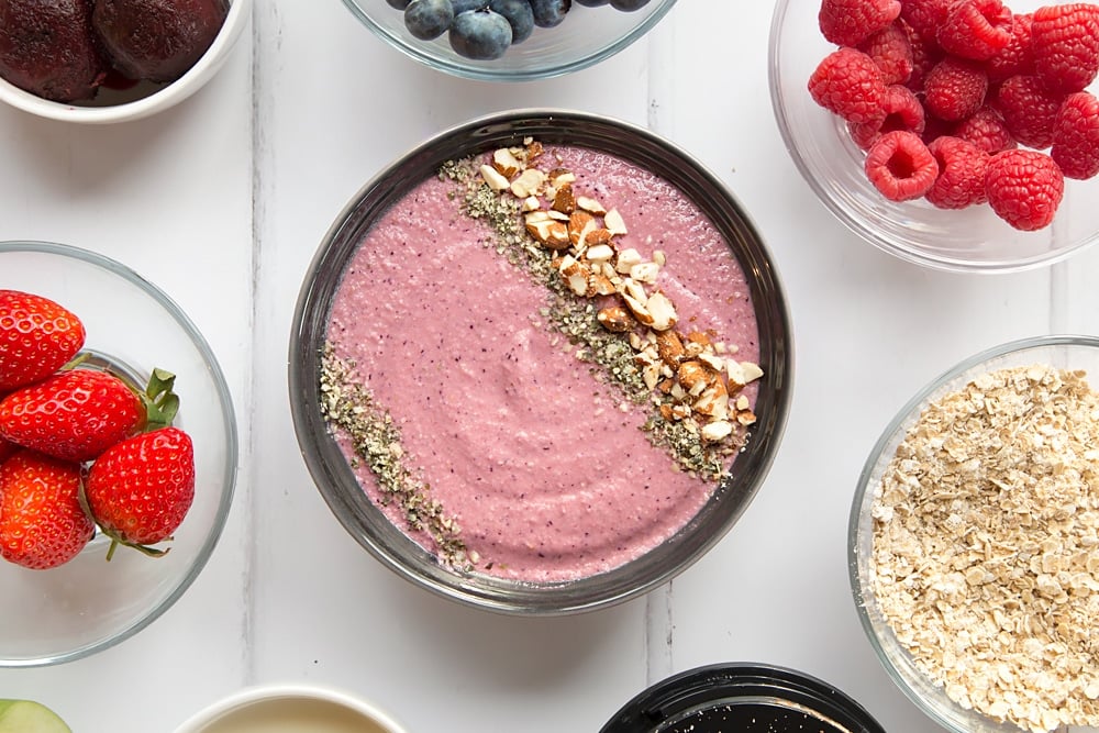 The vegan fruit and nut smoothie bowl, with seeds and nuts sprinkled on top