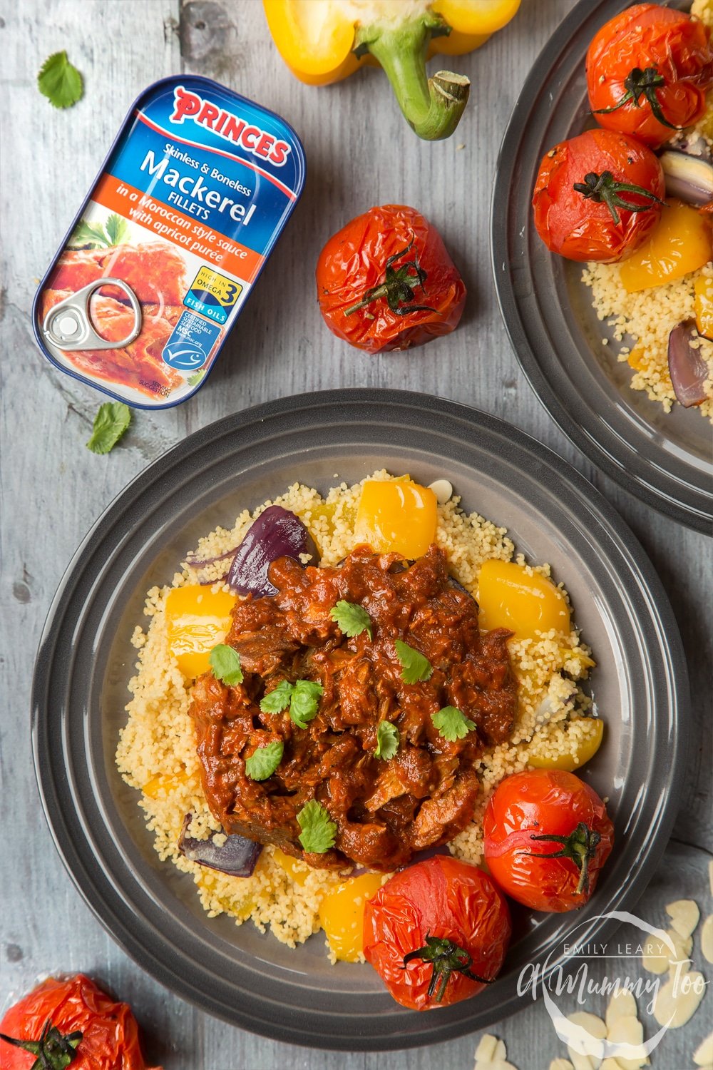 Moroccan-style mackerel vegetable couscous, shown on a table alongside Prices Mackerel Fillets and roasted vegetables