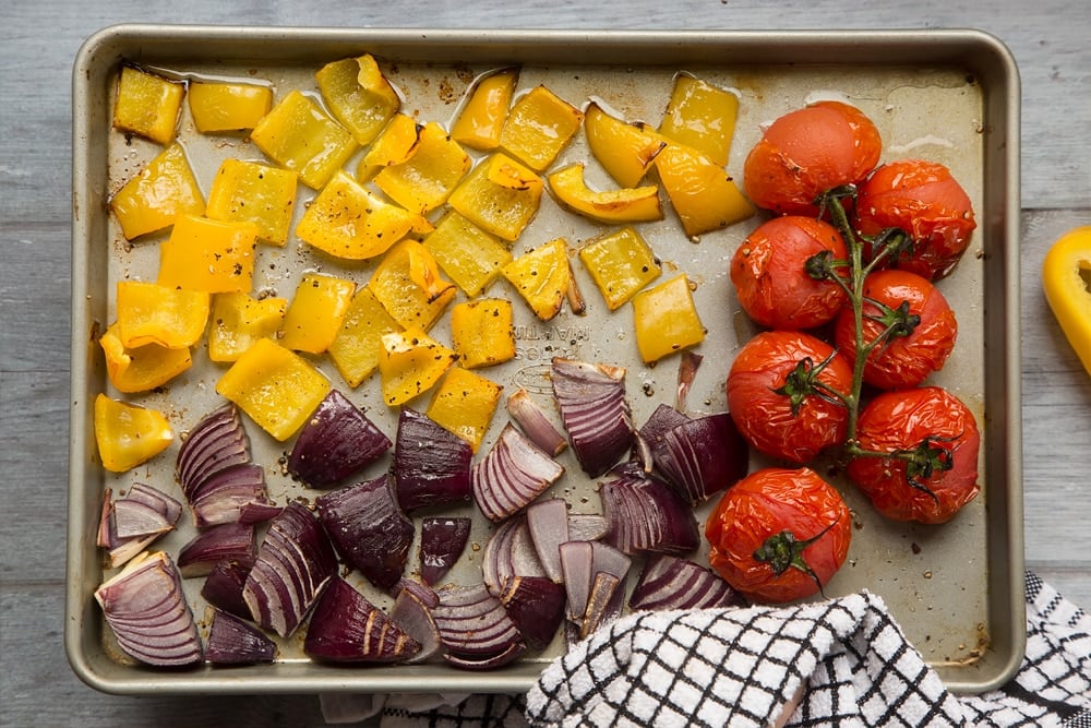 Roasted chopped vegetables, fresh from the oven