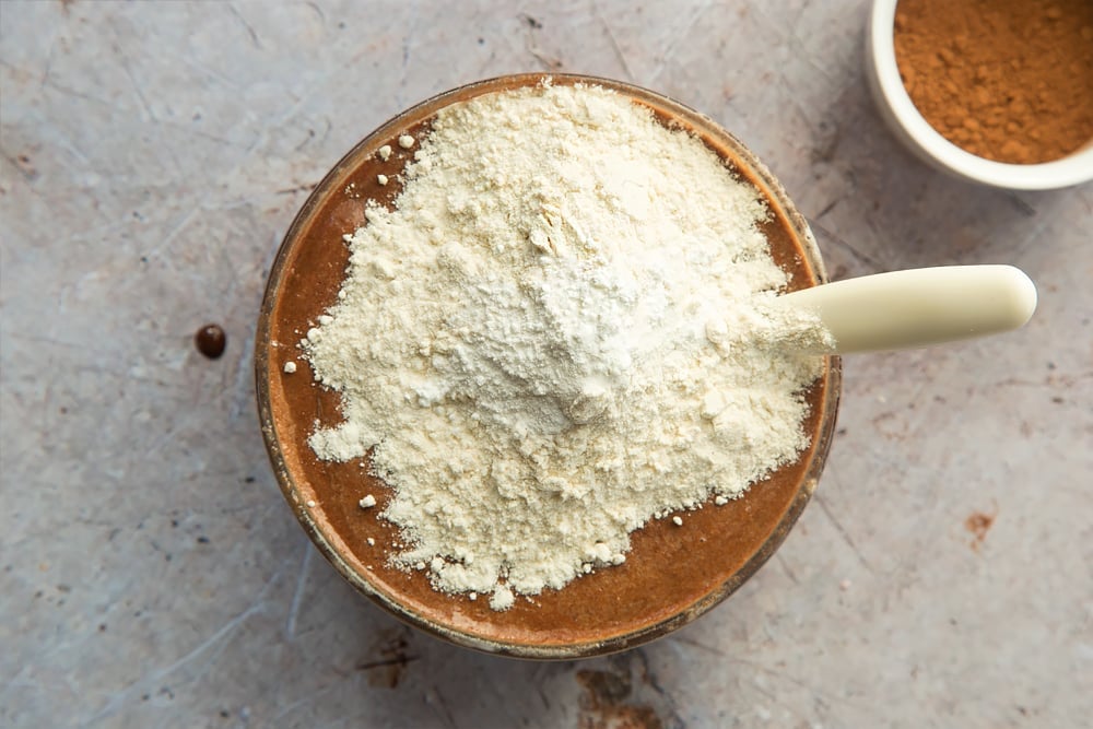 Flour and baking powder are added to the strawberry hot chocolate pudding mix