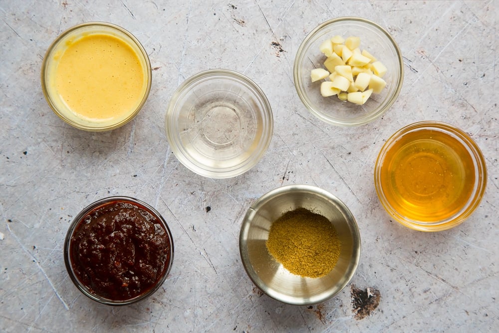 The ingredients for your sweet chipotle dressing, to accompany the spicy chipotle beef carne asada fajitas
