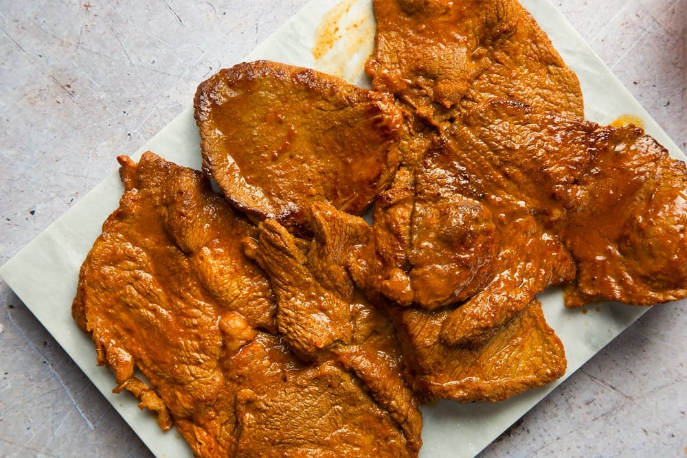 Cooked, marinated beef steak - a key part of these spicy chipotle beef carne asada fajitas