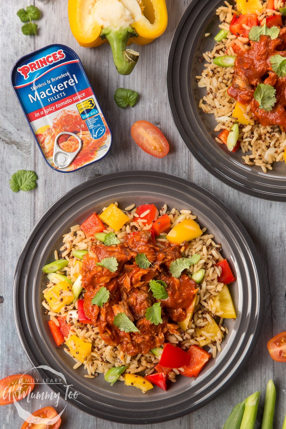 Spicy tomato mackerel with rice served on two plates