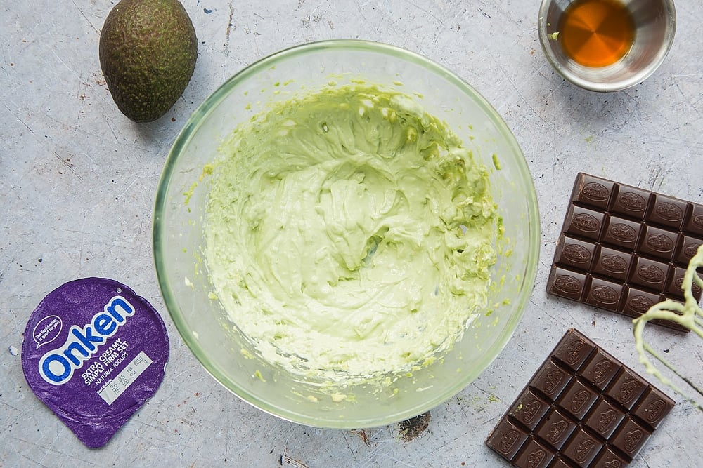 Mixed avocado and creamy yogurt, shown alongside avocadoes, chocolate and Onken