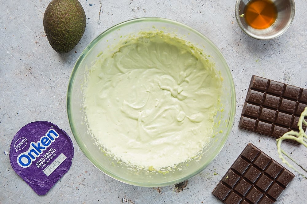 The creamy, delicious avocado yogurt chocolate mousse is starting to take shape