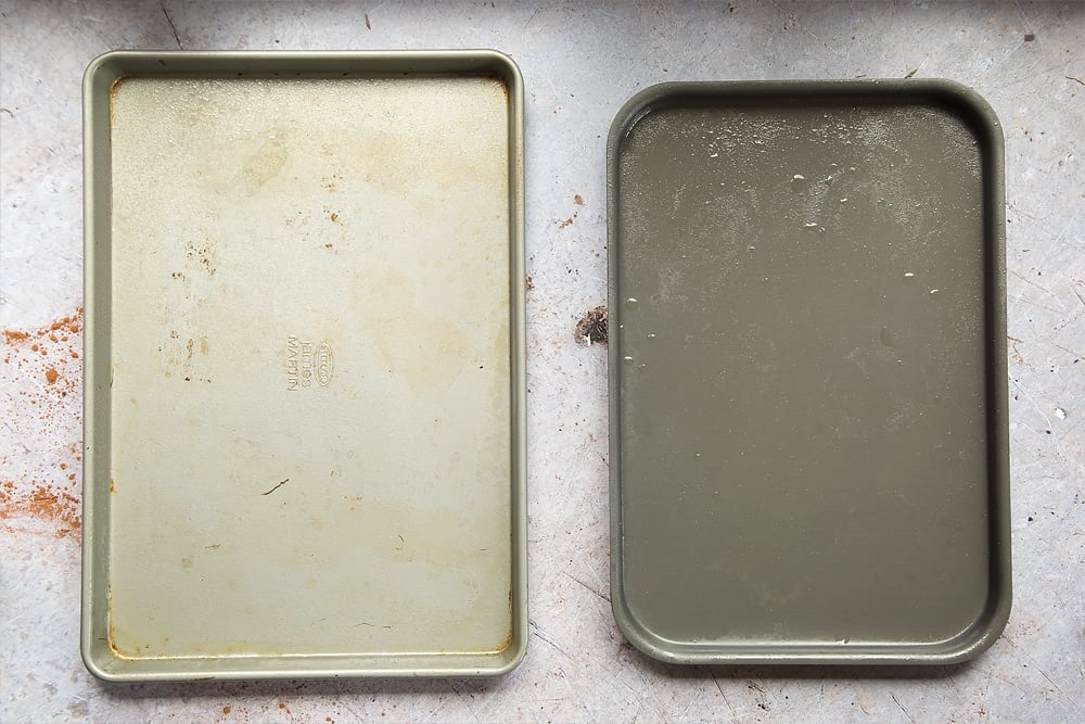 Two cake pans are shown empty, ready for the black velvet sheet cake mix