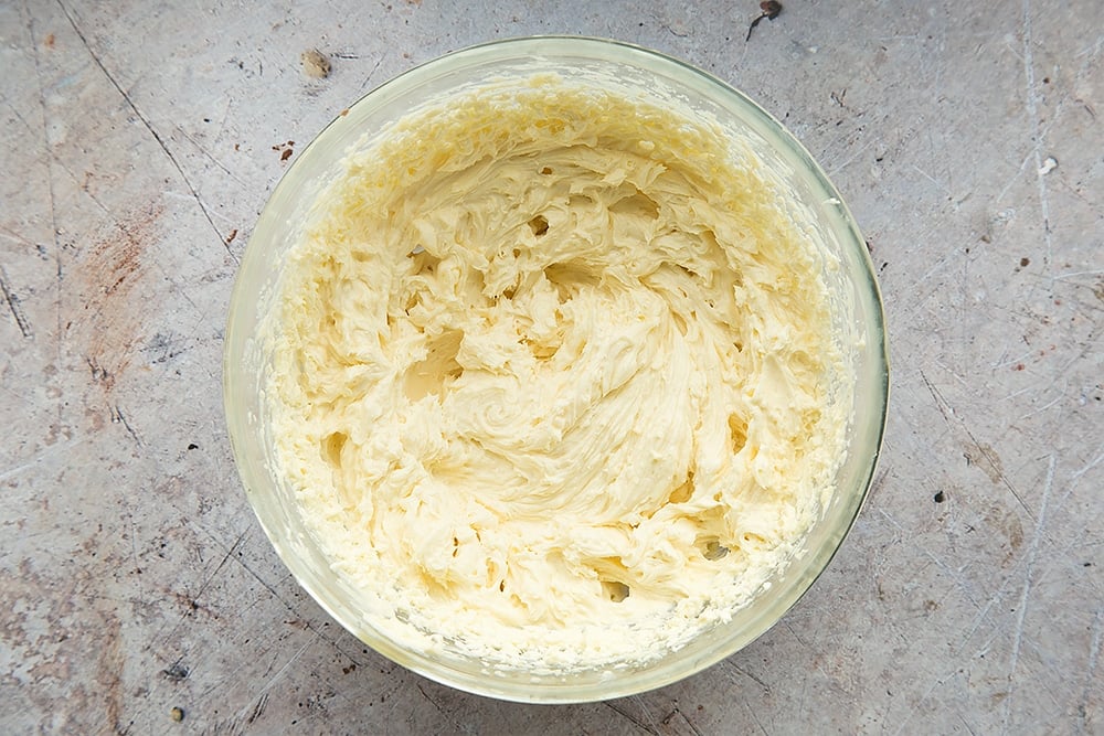 The classic velvet frosting, shown in a glass bowl