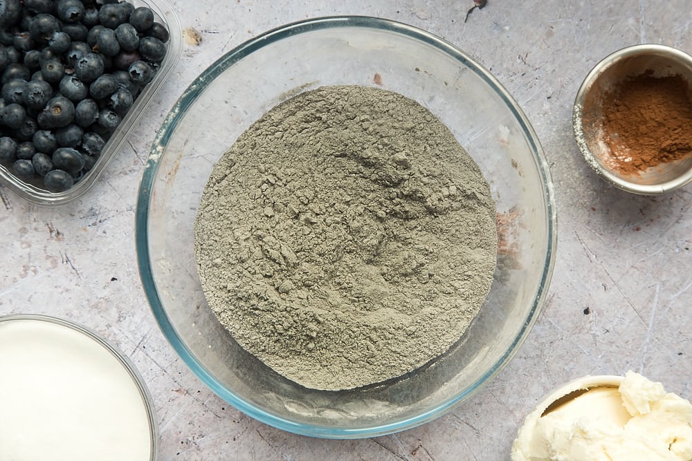 The dry ingredients are mixed together to form a grey mix