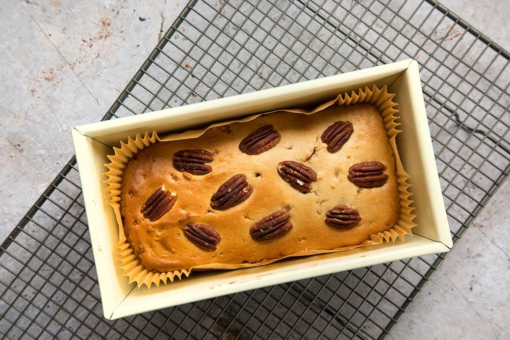 Freshly baked butterscotch pecan ice cream loaf