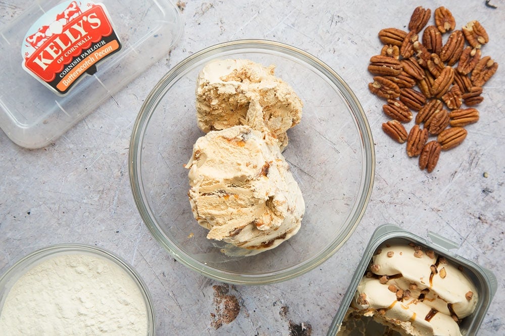 Scoop the butterscotch and pecan ice cream into a bowl