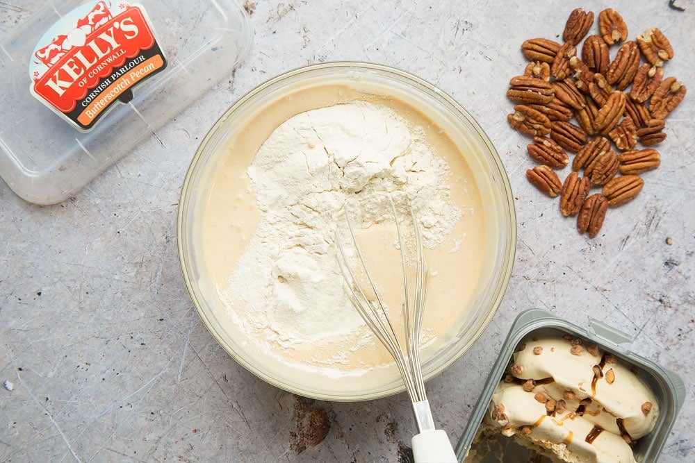 Flour is stirred into the melted butterscotch and pecan ice cream