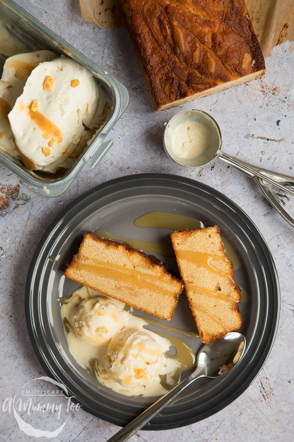 Honeycomb Crunch ice cream loaf with a swirl of toffee sauce