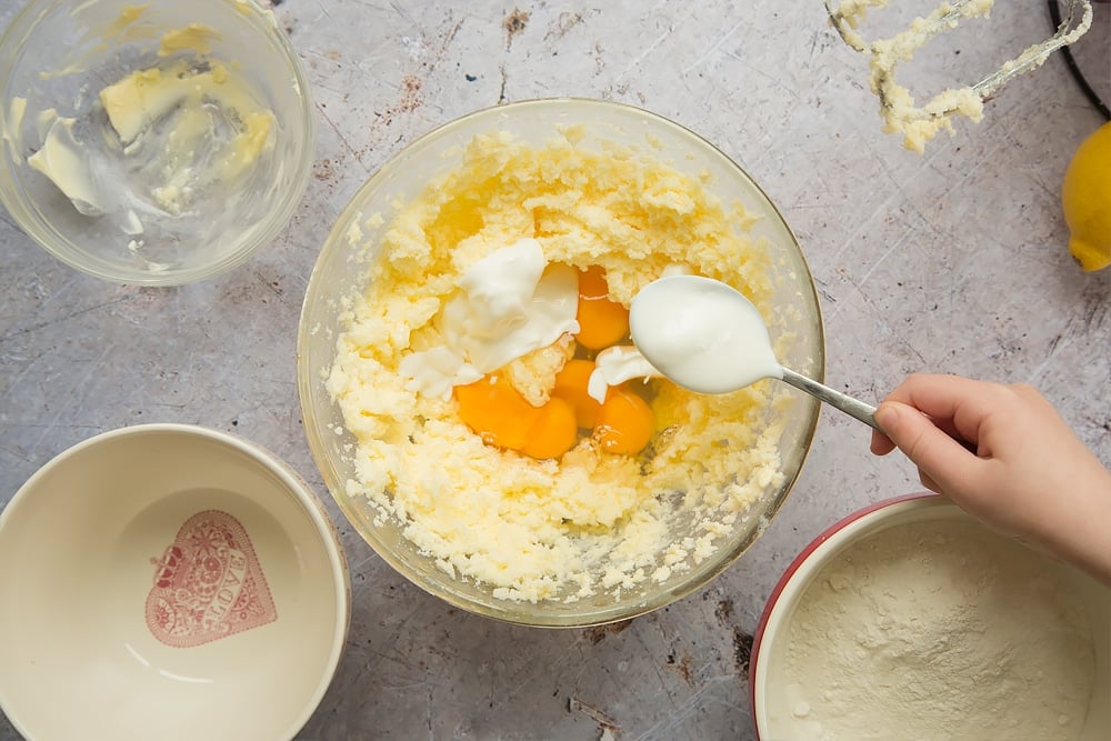 Eggs and yogurt are added to the sponge mix