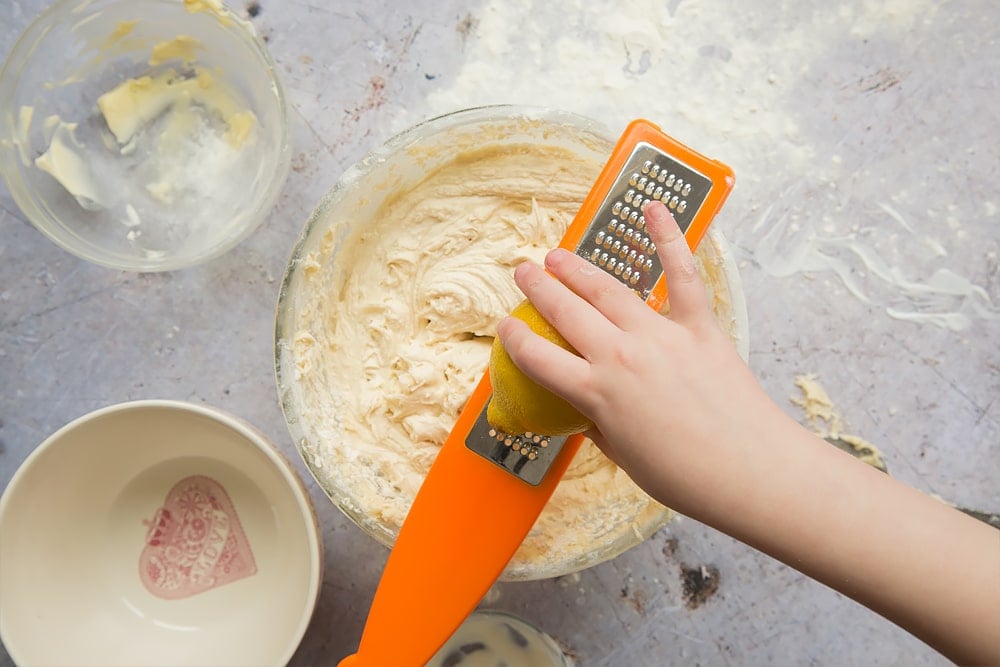 You can really involve the kids in this lemon cupcake recipe, allowing them to prepare the ingredients like this lemon rind