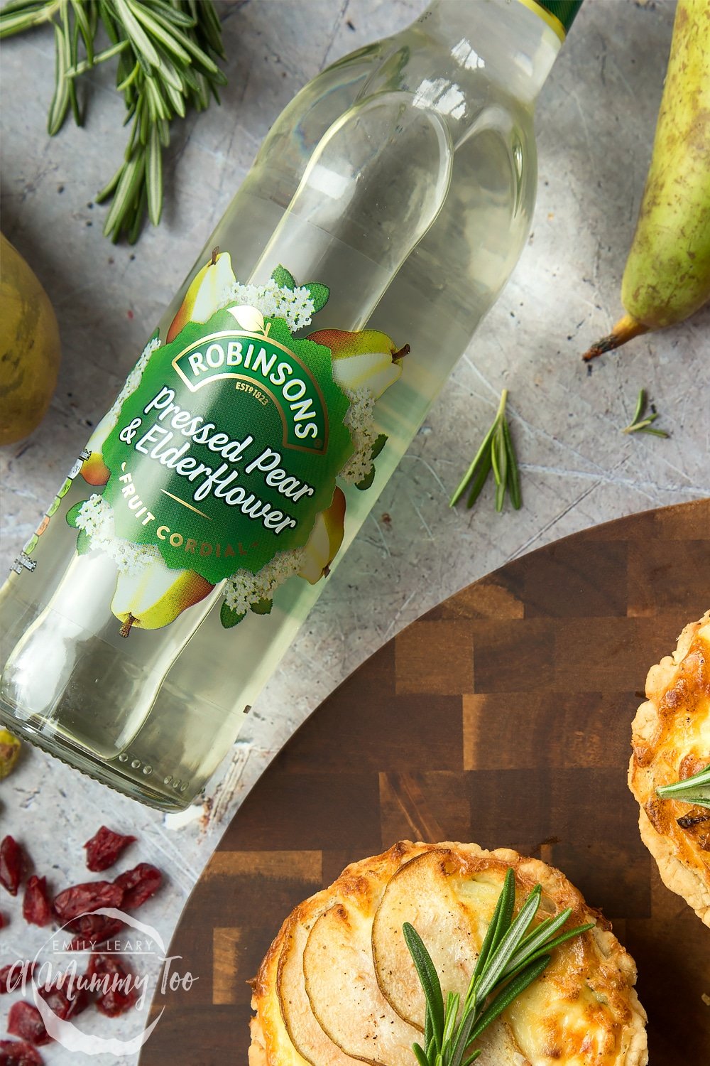 Robinsons Pressed Pear and Elderflower fruit cordial - the perfect accompaniment to these rosemary goat's cheese tarts