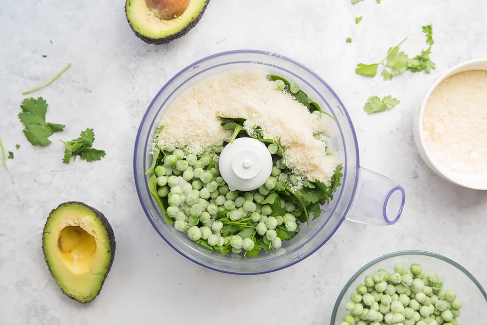 Adding cheese and frozen peas before blending