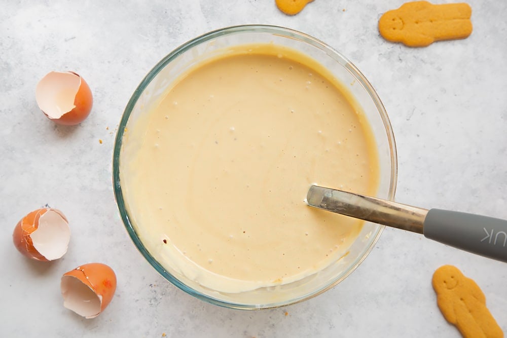 Overhead shot of batter in a large bowl