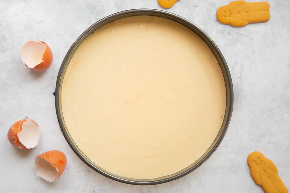 Overhead shot of batter in a springform tin