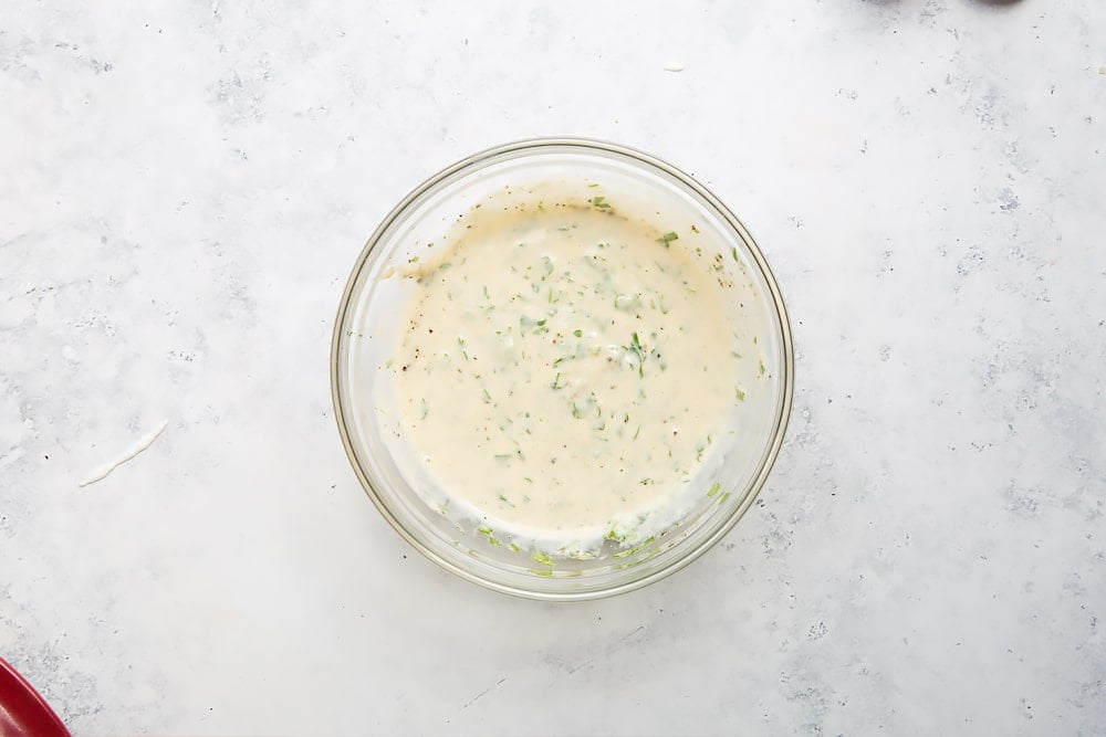 Lemon tahini sauce in a bowl