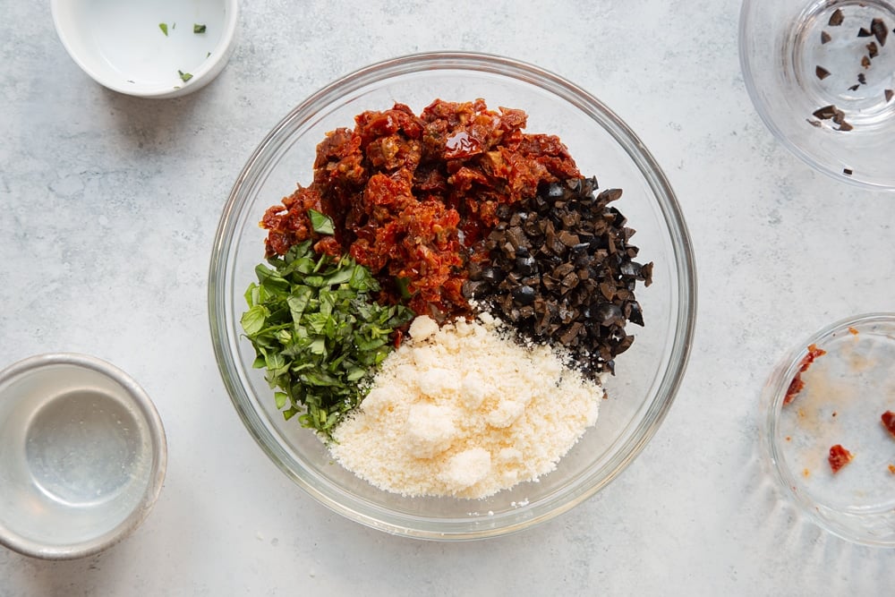 Combine the olive and sun-dried tomato filling ingredients in a bowl