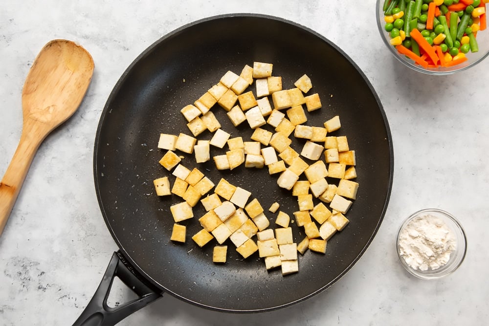 Frying the tofu ready for the creamy tofu pie filling