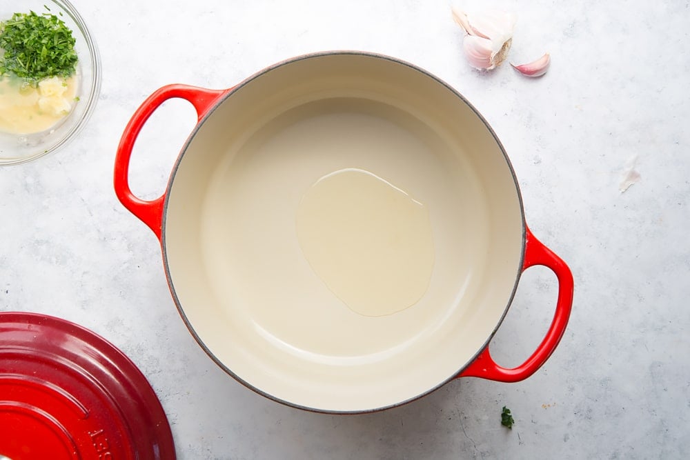 Olive oil warming in a pan