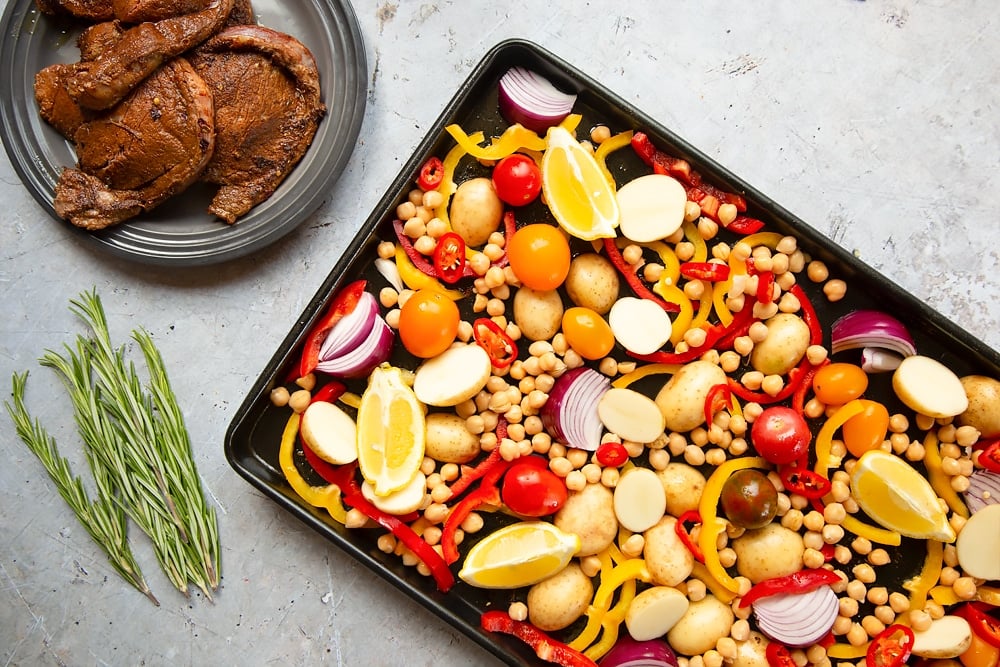 Vegetables added to the sheet tray 