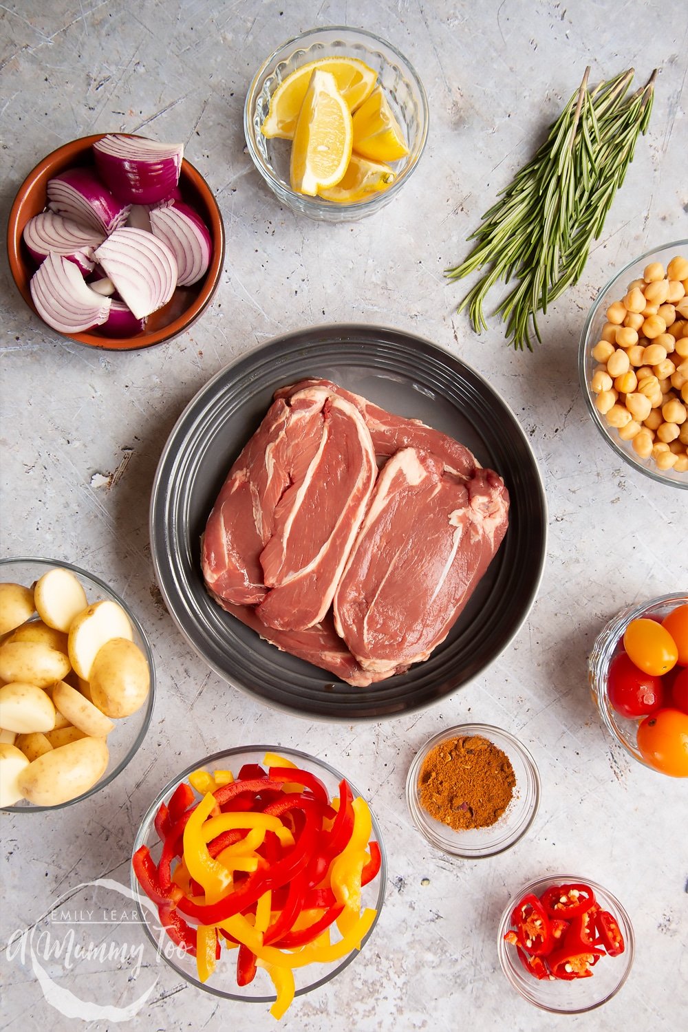 Ingredients to make this lamb steak and veg sheet pan meal