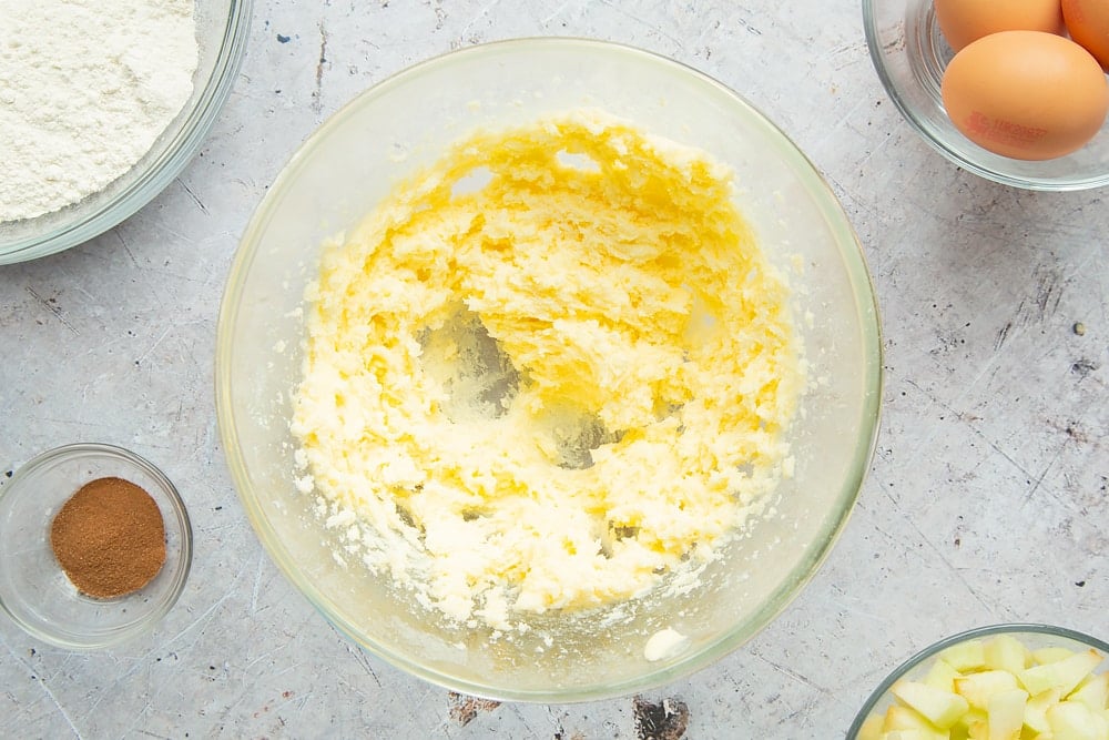 Creamed butter and sugar in a mixing bowl