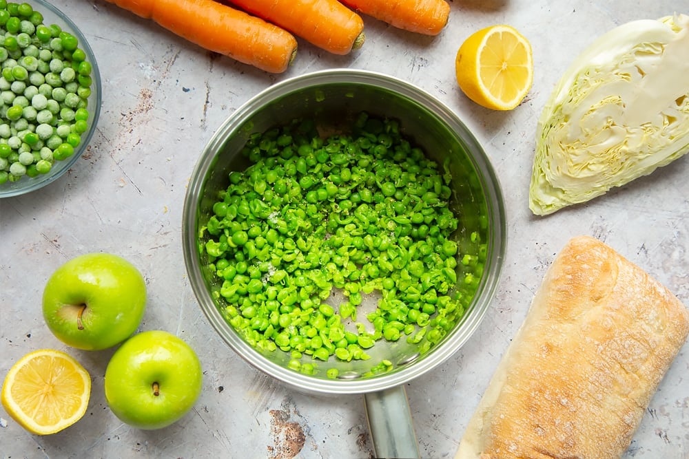 Making homemade mushy peas to serve with this healthier fish finger sarnie