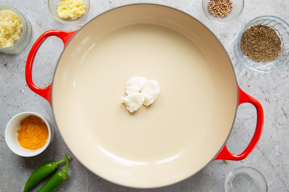 Coconut oil in a shallow pan