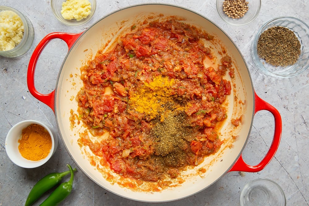 Turmeric, ground cumin and coriander are added to the pan 