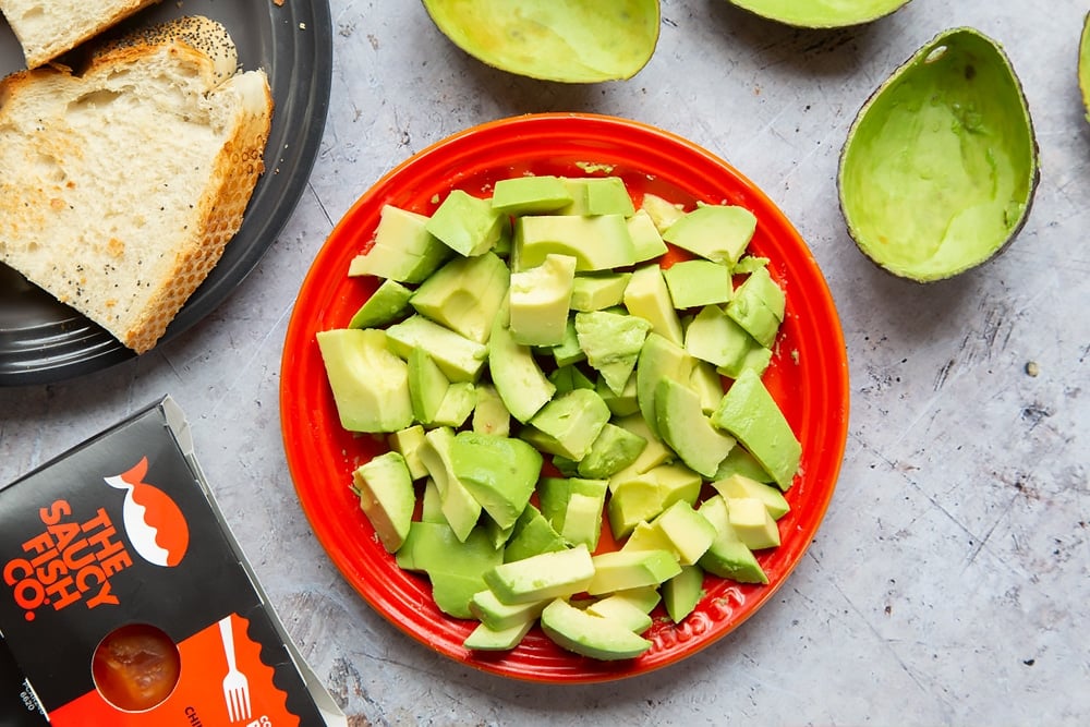 We've cut the avocado up into smaller chunks for the sweet chilli salmon recipe