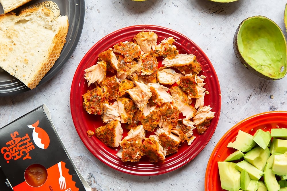 We've cut the sweet chilli salmon up in a similar size to the avocado.