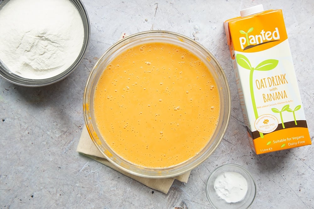 Mashed sweet potato with Planted oat and banana drink in a bowl