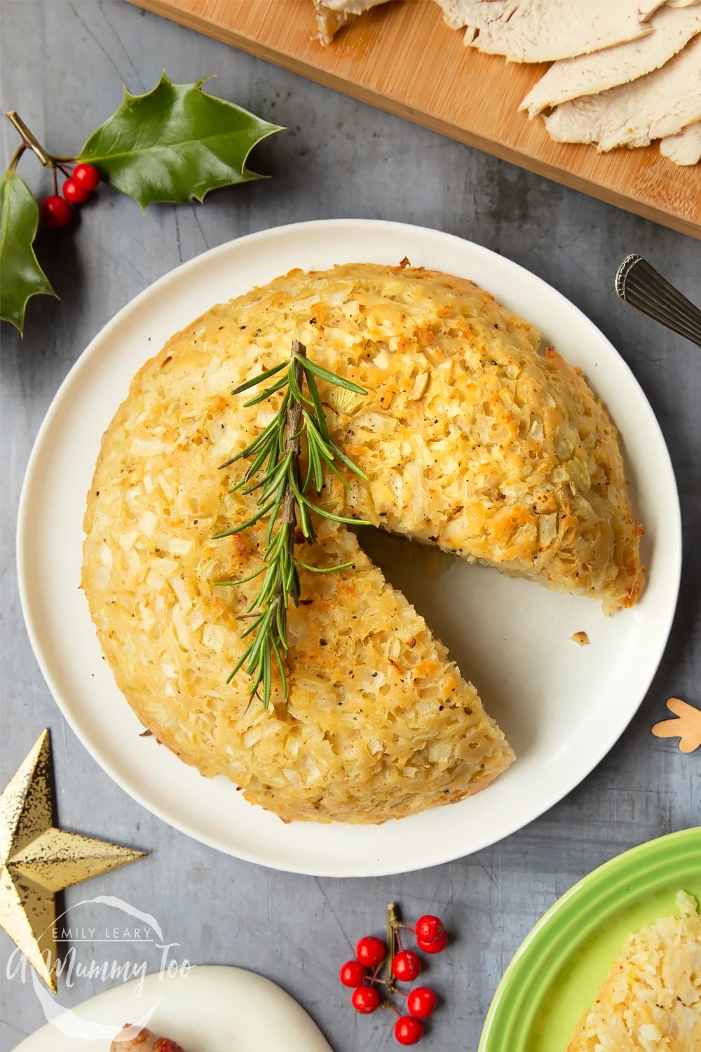 Onion pudding topped with a sprig of rosemary