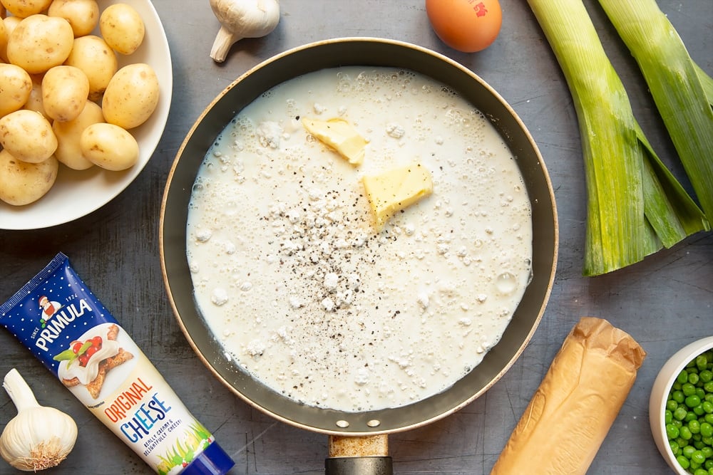 Milk, butter and flour in a frying pan