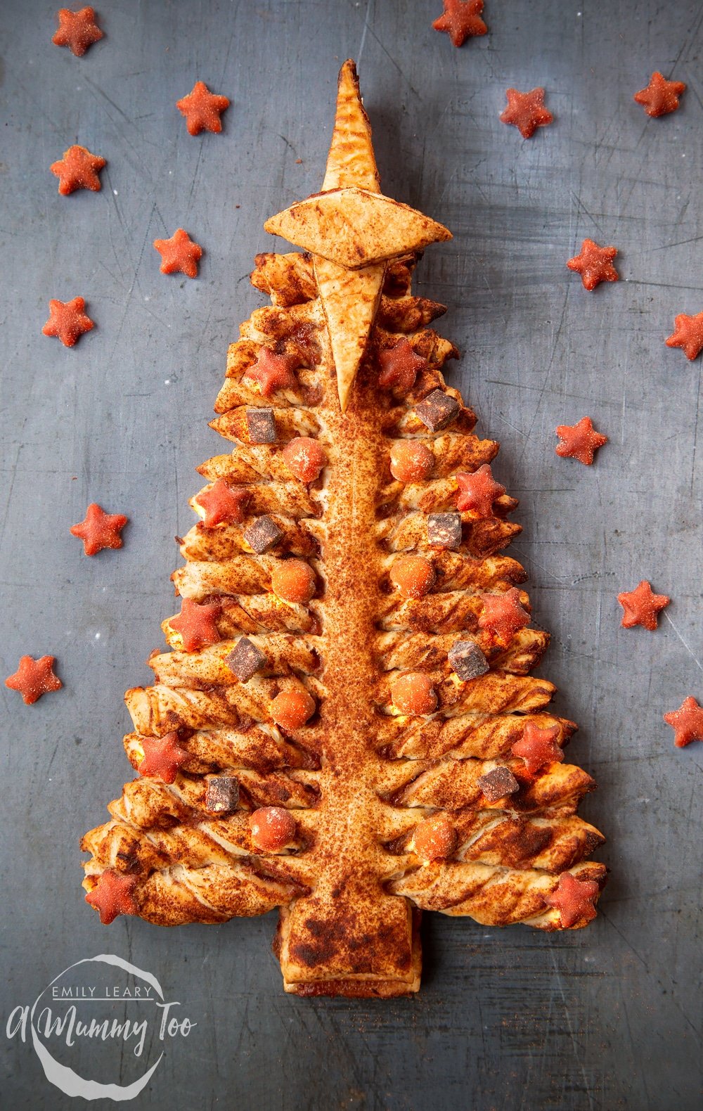 A puff pastry Christmas tree decorated with toddler-friendly snacks from Organix