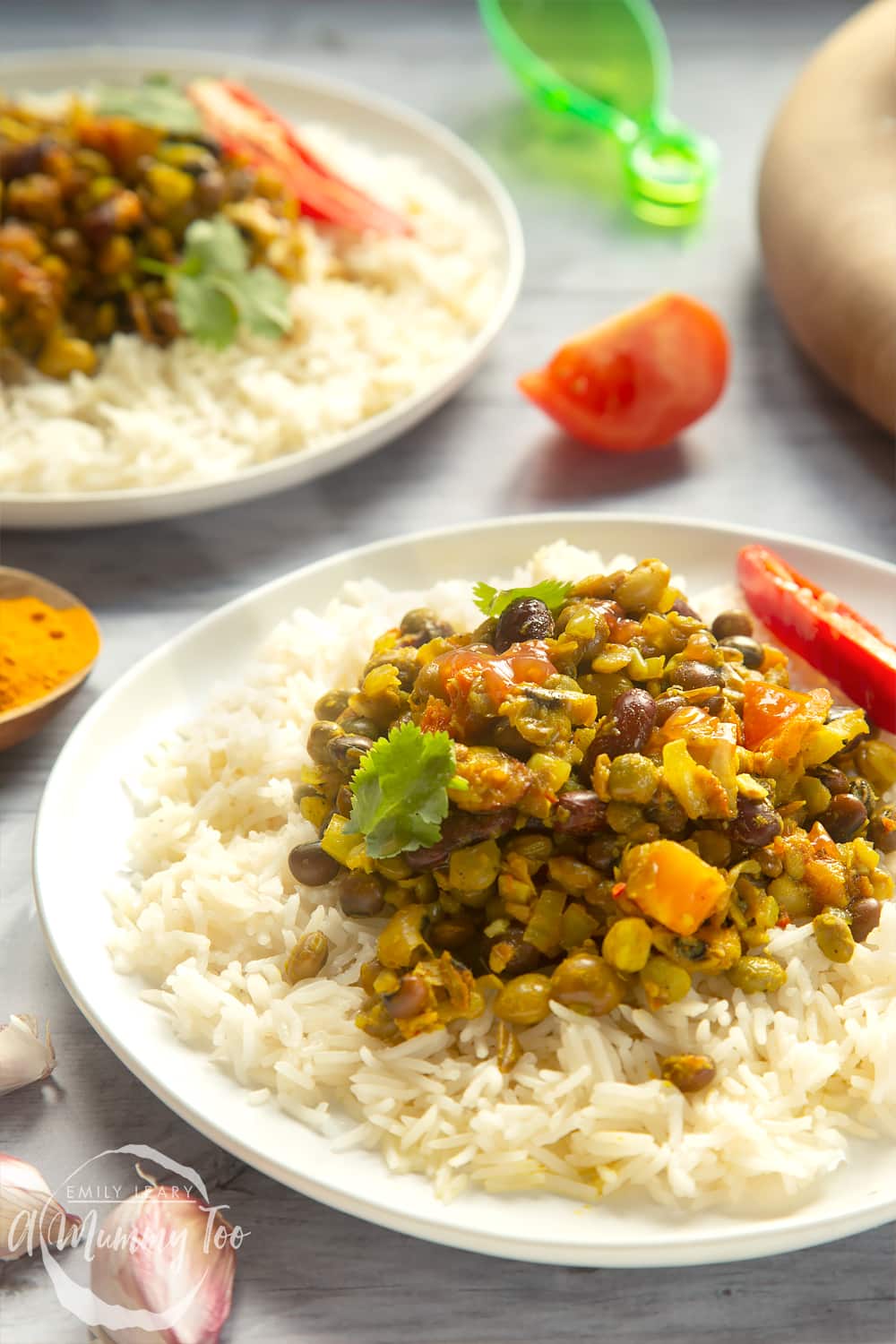 Fiery lentils and beans on a bed of white rice