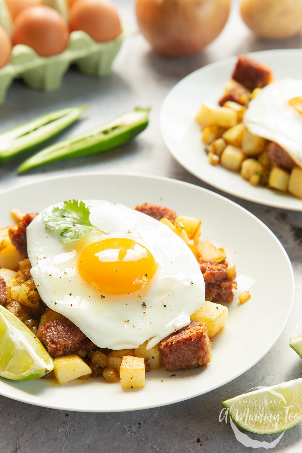 Curried corned beef hash topped with a fried egg