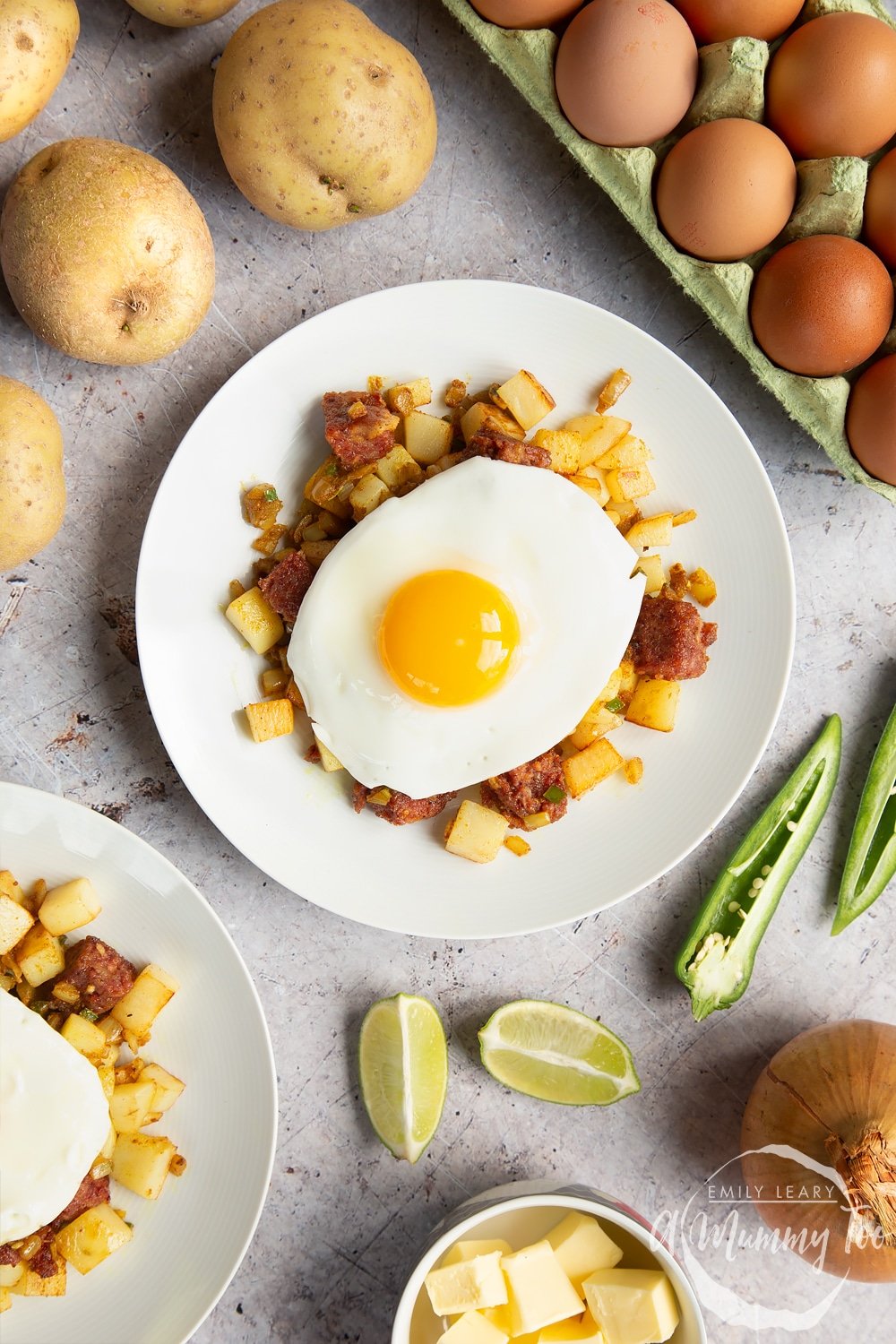 Curried corn beef hash topped with a fried egg