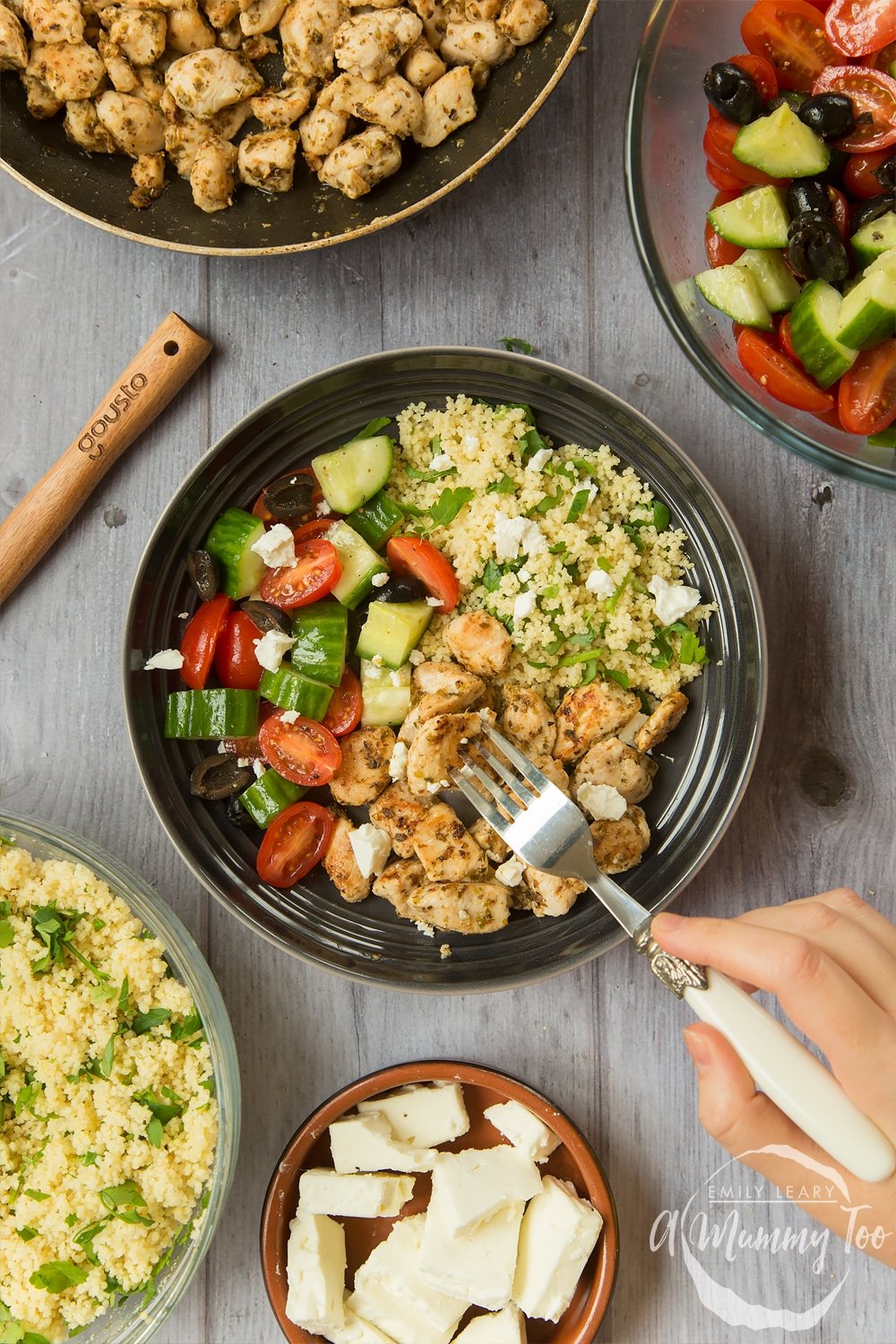 This speedy Greek chicken salad recipe is from the Gousto x Joe Wicks collaboration, shown here in a bowl