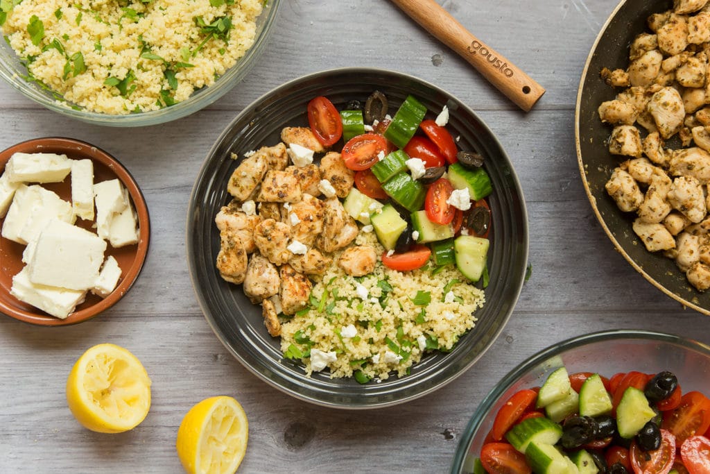 Combine the chicken, salad and herby couscous to make this tasty Greek chicken salad