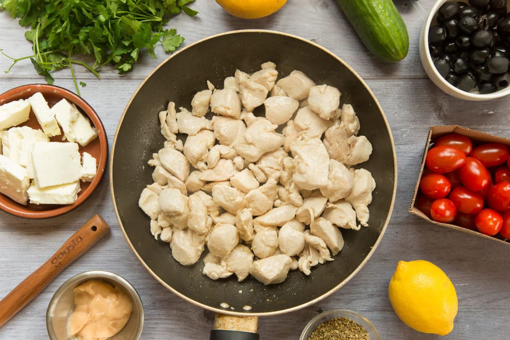 Cooking diced chicken in a frying pan