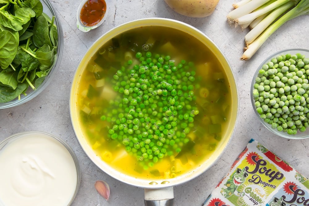Peas are added to the soup mixture