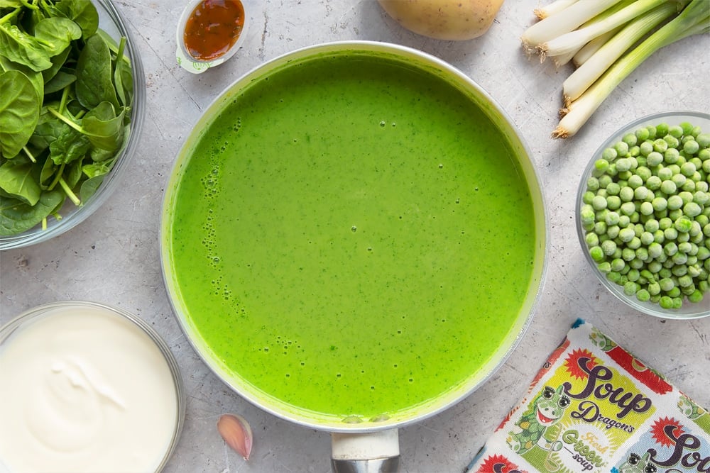 Blended fresh green soup, ready to serve