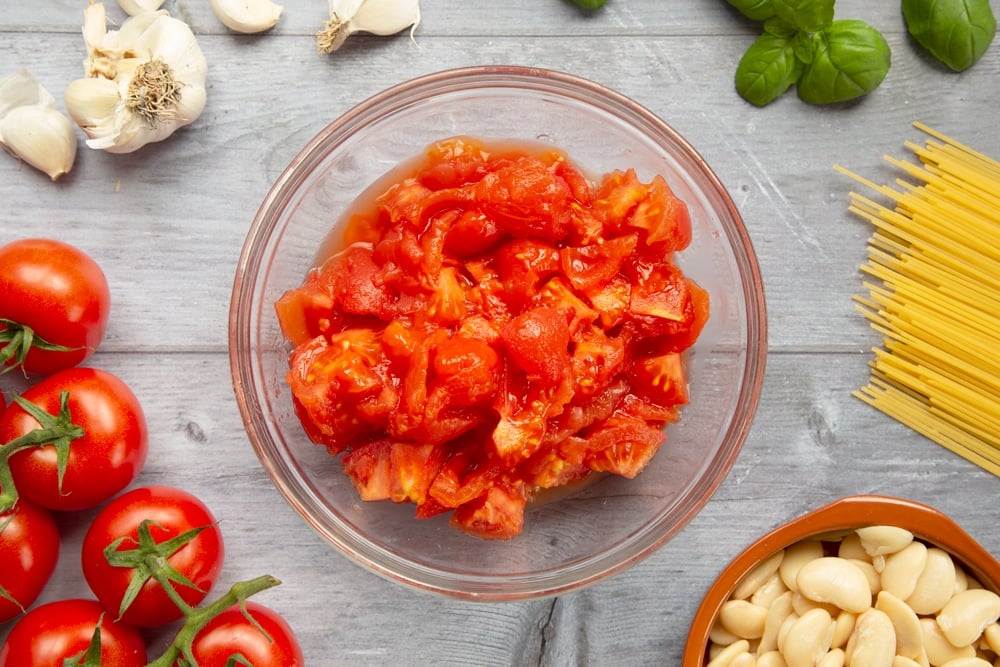 Tomato flesh in a glass bowl