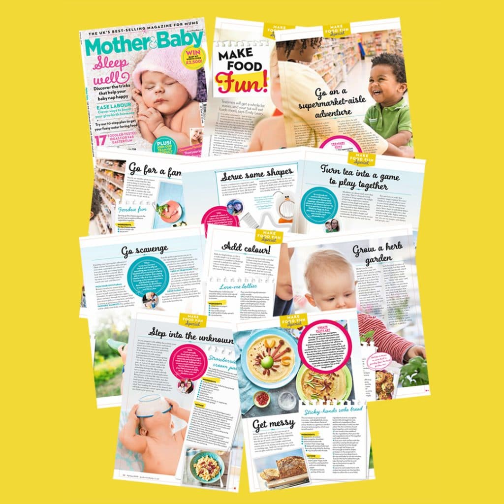 Spring 2019 issue of Mother and Baby Magazine Collage with tips, tricks and recipes from Get Your Kids to Eat Anything